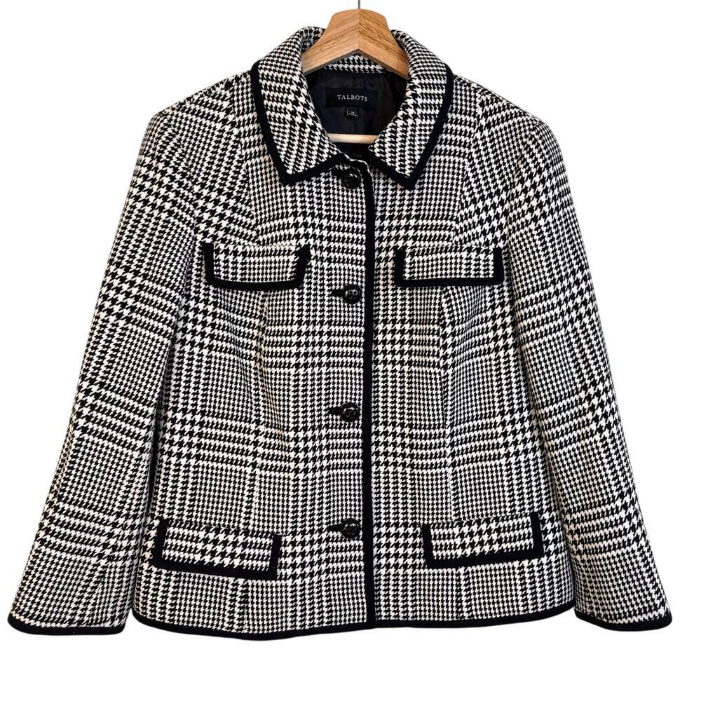 Talbots Houndstooth Tweed Jacket Size 14 Wool Blend Academia Professional